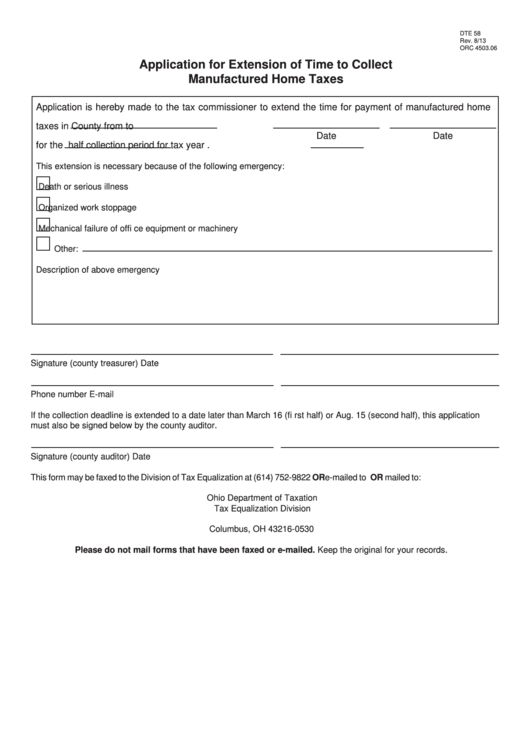 Fillable Form Dte 58 - Application For Extension Of Time To Collect Manufactured Home Taxes Printable pdf