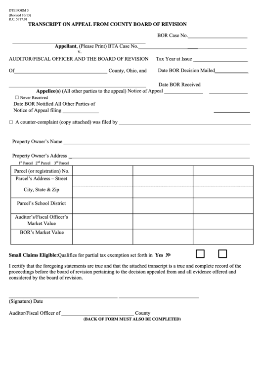 Fillable Dte Form 3 - Transcript On Appeal From County Board Of Revision Printable pdf