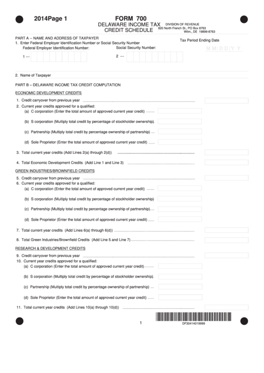 Fillable Form 700 - Delaware Income Tax Credit Schedule - 2014 Printable pdf