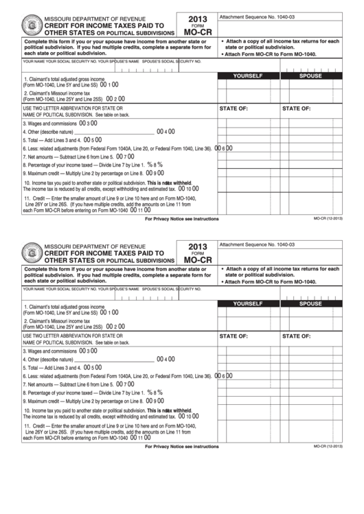 Fillable Form Mo-Cr - Credit For Income Taxes Paid To Other States Or Political Subdivisions - 2013 Printable pdf