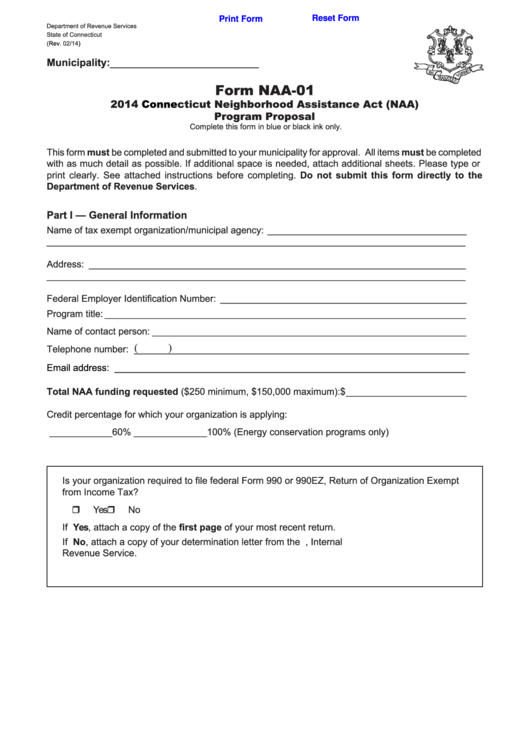 Fillable Form Naa-01 - Connecticut Neighborhood Assistance Act (Naa) Program Proposal - 2014 Printable pdf