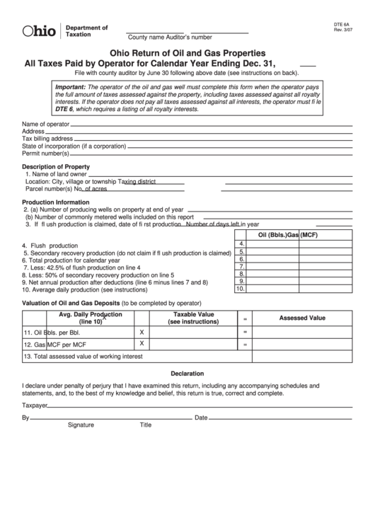 Fillable Form Dte 6a - Ohio Return Of Oil And Gas Properties Printable pdf