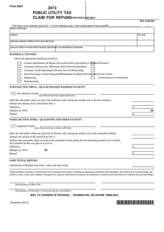 Fillable Form 5507 - Public Utility Tax Claim For Refund - 2013 Printable pdf
