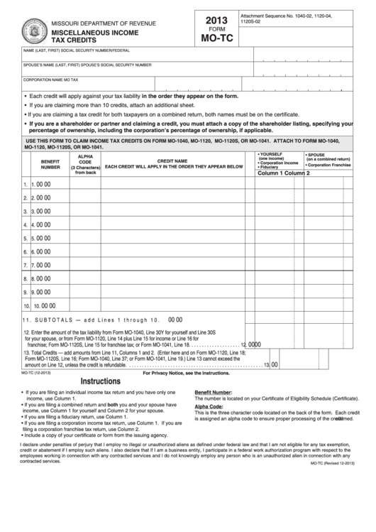 Fillable Form Mo-Tc - Miscellaneous Income Tax Credits - 2013 Printable pdf