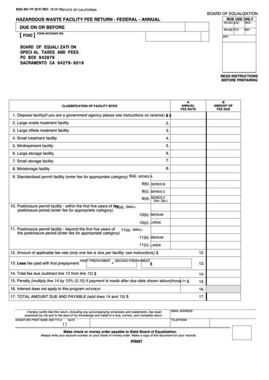 Fillable Form Boe-501-Ff - Hazardous Waste Facility Fee Return - Federal - Annual Printable pdf