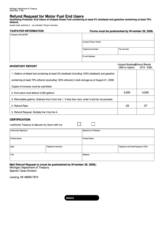 Fillable Form 4404 - Refund Request For Motor Fuel End Users Printable pdf
