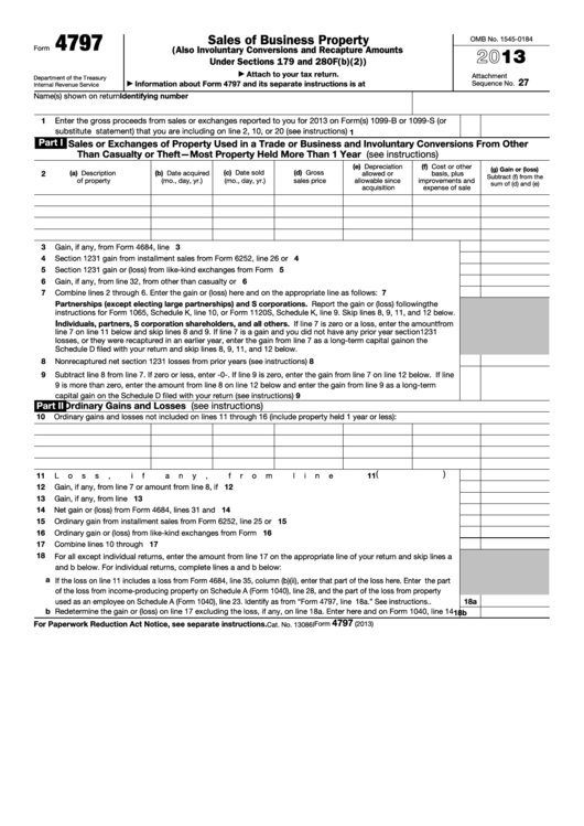 Fillable Form 4797 - Sales Of Business Property - 2013 Printable pdf