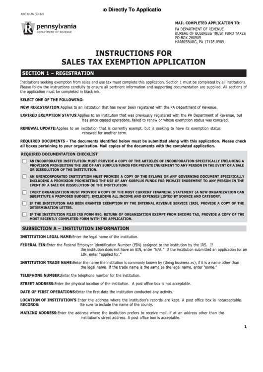 Fillable Form Rev-72 - Sales Tax Exemption Application Printable pdf