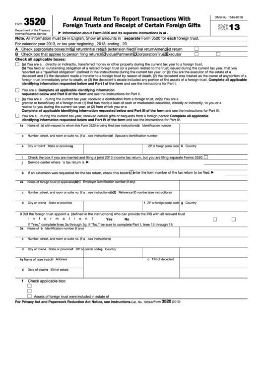 Fillable Form 3520 - Annual Return To Report Transactions With Foreign Trusts And Receipt Of Certain Foreign Gifts - 2013 Printable pdf