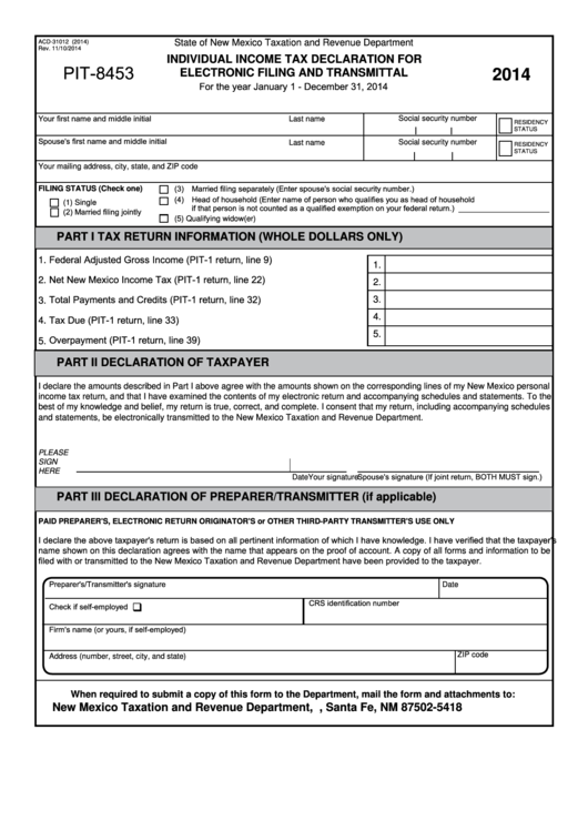 Fillable Form Pit-8453 - Individual Income Tax Declaration For Electronic Filing And Transmittal - 2014 Printable pdf