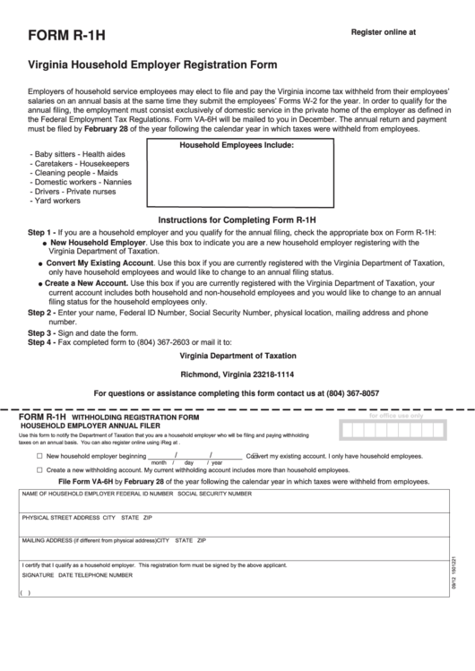 Fillable Form R-1h - Withholding Registration Form Household Employer Annual Filer Printable pdf