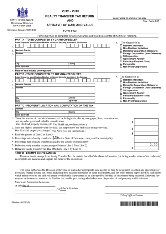 Fillable Form 5402 - Realty Transfer Tax Return And Affidavit Of Gain And Value - 2012 - 2013 Printable pdf
