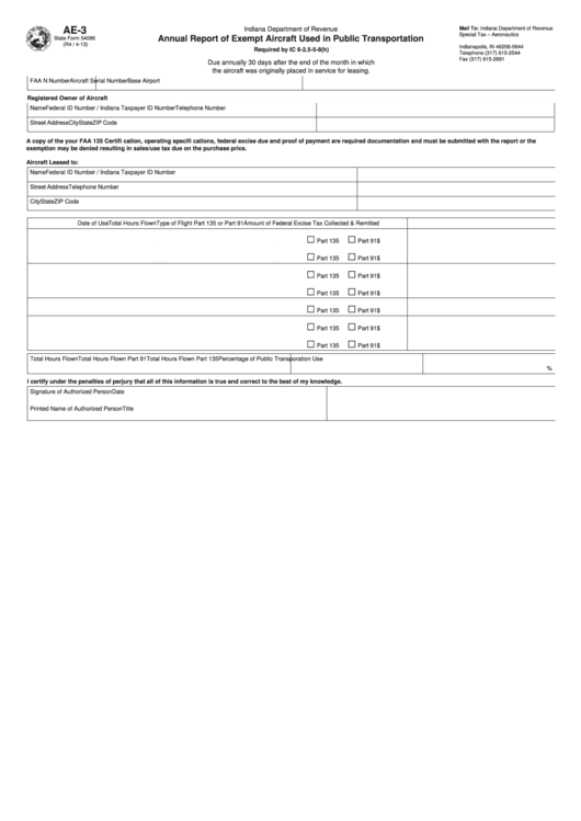 Fillable Form Ae-3 - Annual Report Of Exempt Aircraft Used In Public Transportation Printable pdf