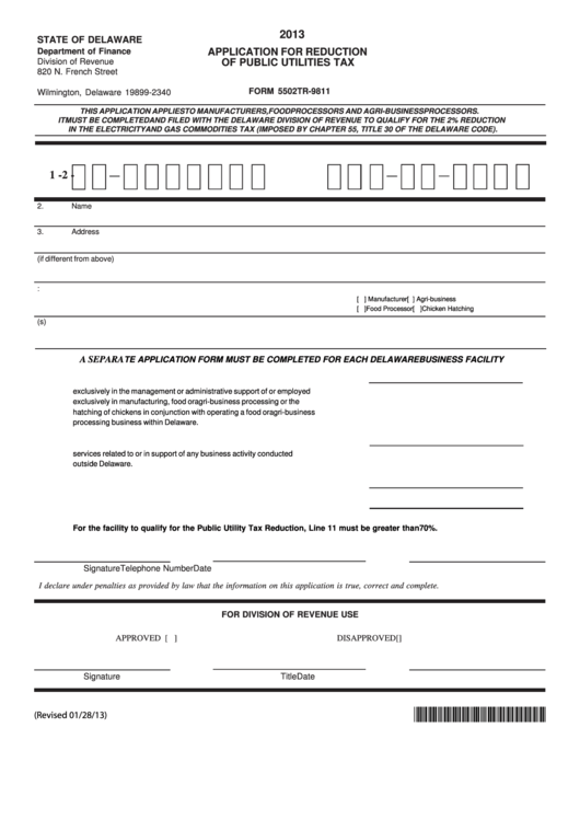 Fillable Form 5502tr-9811 - Application For Reduction Of Public Utilities Tax - 2013 Printable pdf