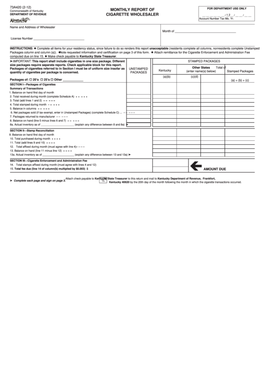 Fillable Form 73a420 - Monthly Report Of Cigarette Wholesaler Printable pdf