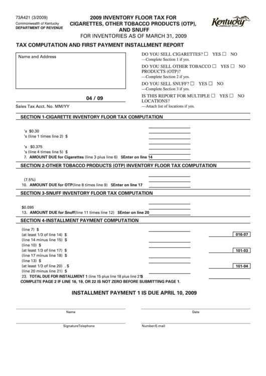 Fillable Form 73a421 - Inventory Floor Tax For Cigarettes, Other Tobacco Products (Otp), And Snuff - 2009 Printable pdf