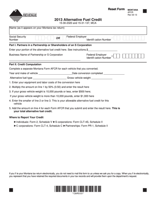 Fillable Form Afcr - Alternative Fuel Credit - 2013 Printable pdf