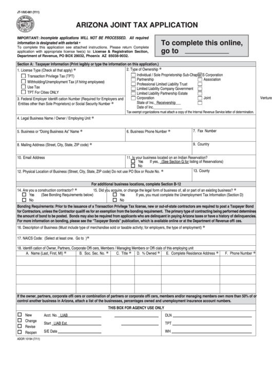 Fillable Form Jt-1/uc-00 - Arizona Joint Tax Application Printable pdf