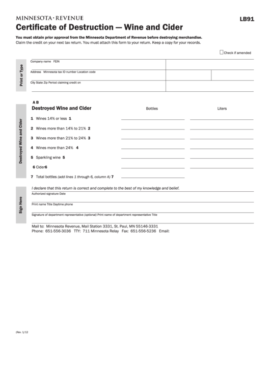 Fillable Form Lb91 - Certificate Of Destruction - Wine And Cider Printable pdf