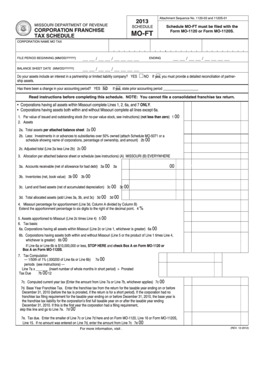 Fillable Schedule Mo-Ft - Corporation Franchise Tax Schedule - 2013 Printable pdf