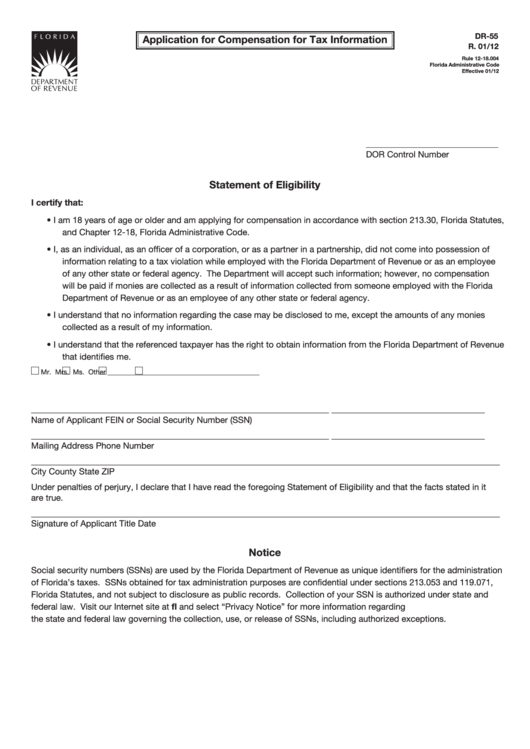 Form Dr-55 - Application For Compensation For Tax Information Printable pdf