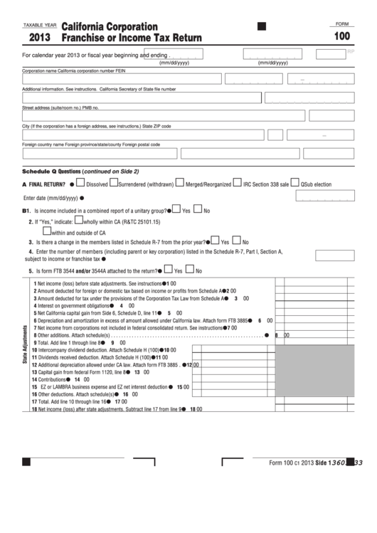 Fillable Form 100 - California Corporation Franchise Or Income Tax Return - 2013 Printable pdf