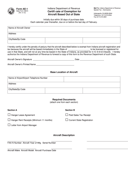 Fillable Form Ae-1 - Certificate Of Exemption For Aircraft Based Out Of State Printable pdf
