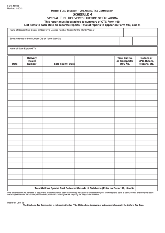 Fillable Form 199-D - Schedule 4 - Special Fuel Delivered Outside Of Oklahoma Printable pdf