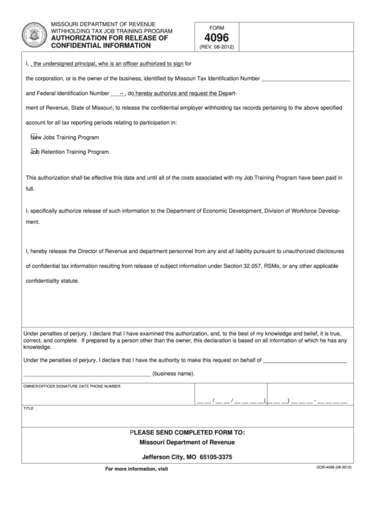 Fillable Form 4096 - Authorization For Release Of Confidential Information Printable pdf