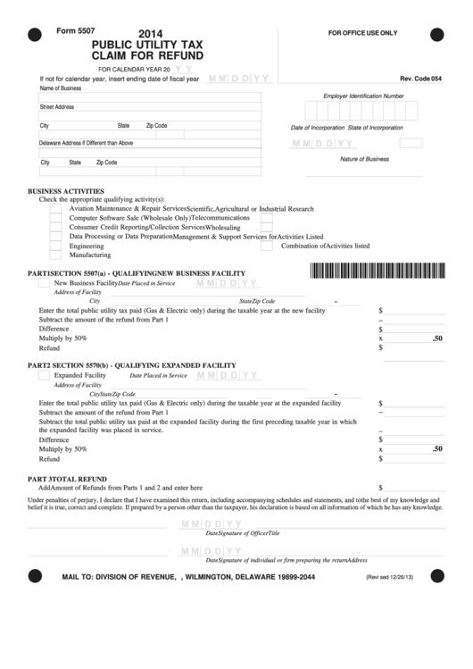 Form 5507 - Public Utility Tax Claim For Refund - 2014 Printable pdf