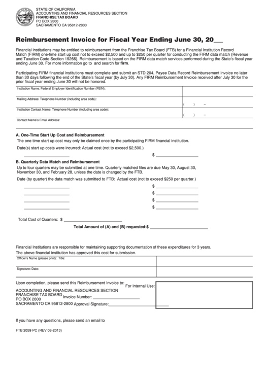 Fillable Form Ftb 2059 Pc - Reimbursement Invoice For Fiscal Year Printable pdf