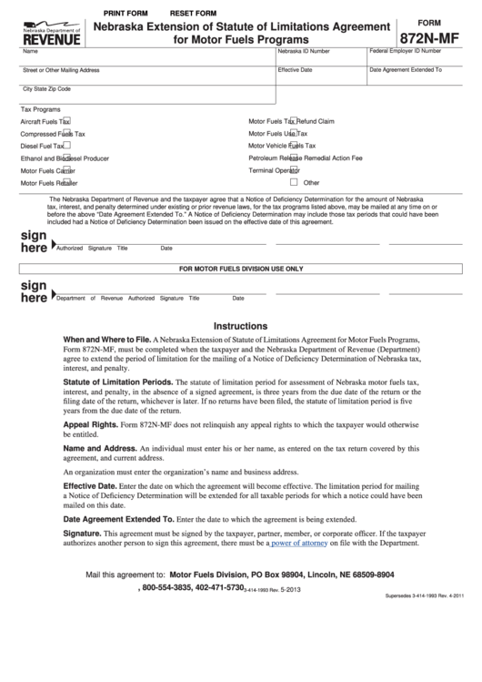 Fillable Form 872n-Mf - Nebraska Extension Of Statute Of Limitations Agreement For Motor Fuels Programs Printable pdf