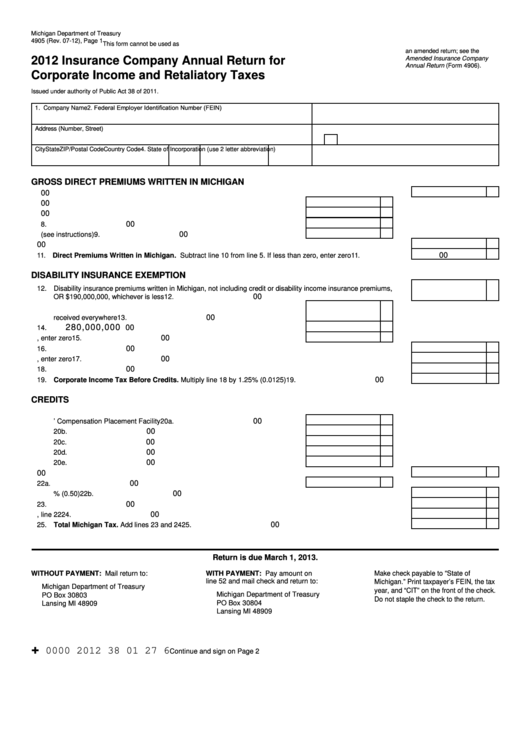 Form 4905 - Insurance Company Annual Return For Corporate Income And Retaliatory Taxes - 2012 Printable pdf