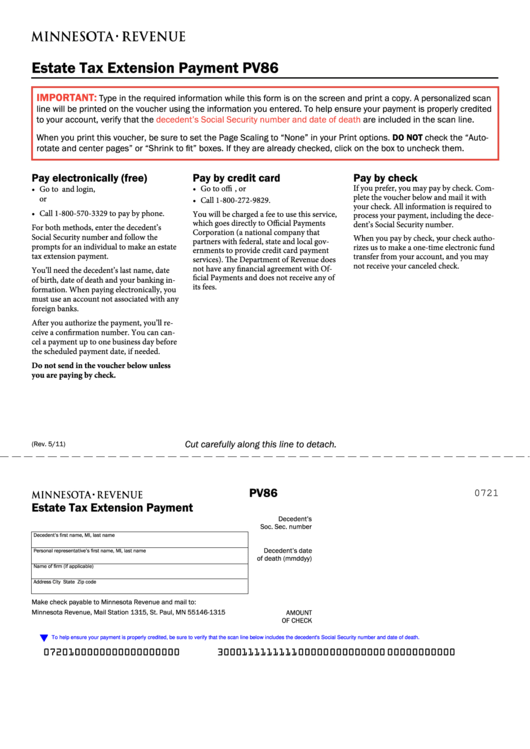 Fillable Form Pv86 Estate Tax Extension Payment printable pdf download