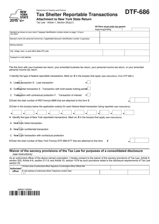 Fillable Form Dtf-686 - Tax Shelter Reportable Transactions - 2015 ...