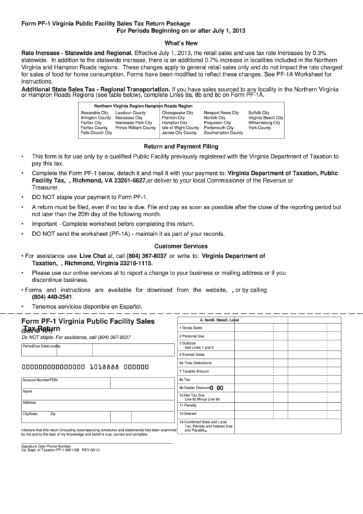 Fillable Form Pf-1 - Virginia Public Facility Sales Tax Return Package - 2013 Printable pdf