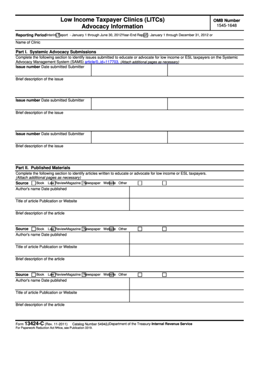 Fillable Form 13424-C - Low Income Taxpayer Clinics (Litcs) Advocacy Information Printable pdf