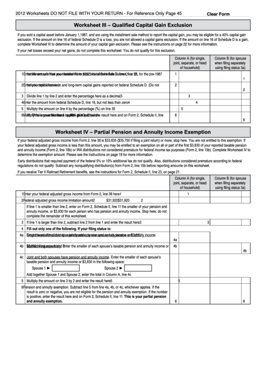 Fillable Worksheet Iii Qualified Capital Gain Exclusion 2012