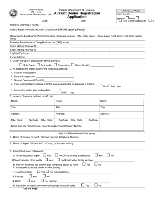 Fillable Form 10763 - Aircraft Dealer Registration Application Printable pdf
