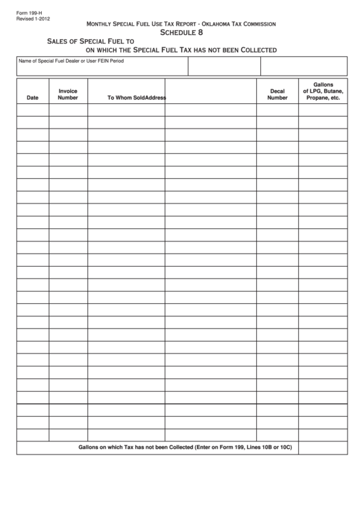 Fillable Form 199-H - Schedule 8 - Sales Of Special Fuel To U.s. Government And/or To Flat Fee Decal Holders On Which The Special Fuel Tax Has Not Been Collected Printable pdf