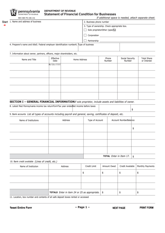 Fillable Form Rev-484 - Statement Of Financial Condition For Businesses Printable pdf