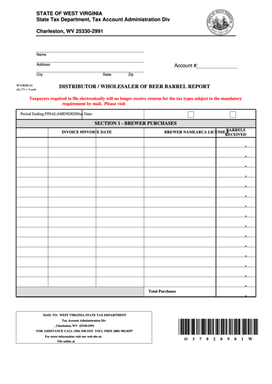 Fillable Form Wv/ber-01 - Distributor/wholesaler Of Beer Barrel Report Printable pdf