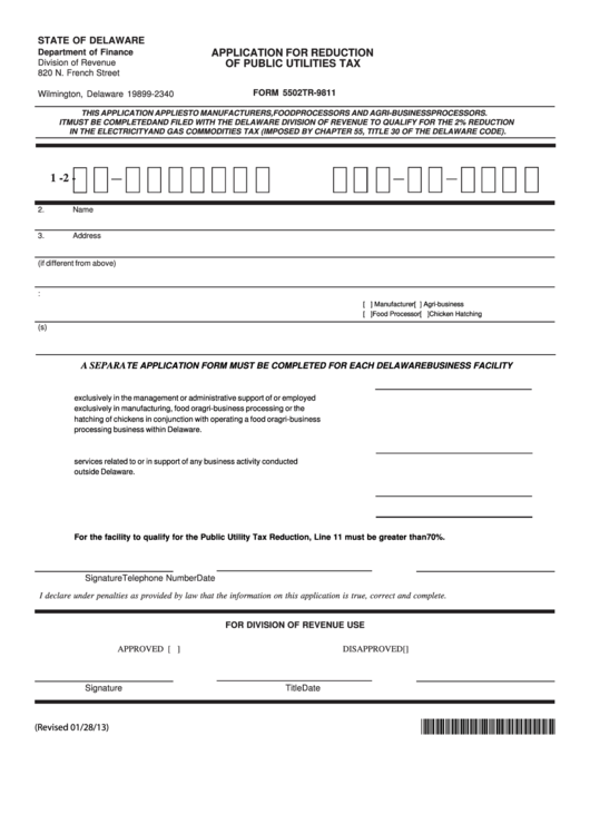 Fillable Form 5502tr-9811 - Application For Reduction Of Public Utilities Tax Printable pdf