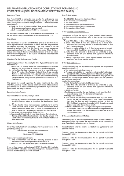 Instructions For Completion Of Form De-2210 Form De2210-I (For Underpayment Of Estimated Taxes) Printable pdf