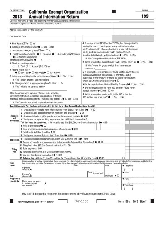 Fillable Form 199 - California Exempt Organization Annual Information Return - 2013 Printable pdf