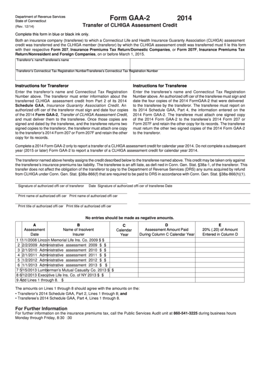 Form Gaa-2 - Transfer Of Clhiga Assessment Credit - 2014 Printable pdf