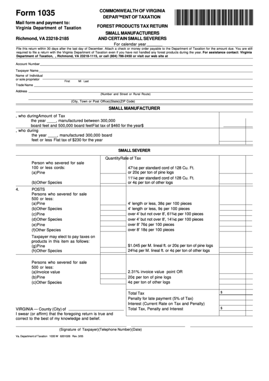 Fillable Form 1035 - Forest Products Tax Return Small Manufacturers And Certain Small Severers Printable pdf