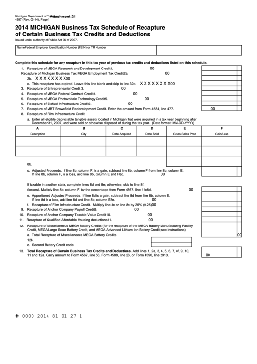 Form 4587 Michigan Business Tax Schedule Of Recapture Of Certain