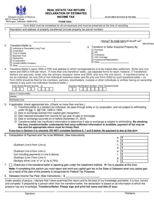 Fillable Form 5403 - Real Estate Tax Return Declaration Of Estimated Income Tax Printable pdf