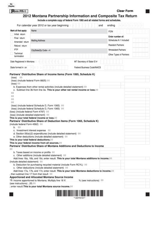 Fillable Form Pr-1 - Montana Partnership Information And Composite Tax Return - 2012 Printable pdf